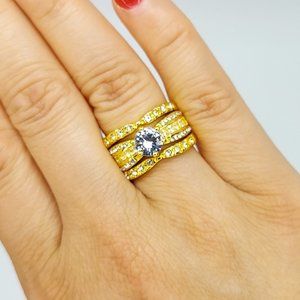 Gold Wedding Ring Set, Round Cut Engagement Ring, Cubic Zirconia Promise Ring